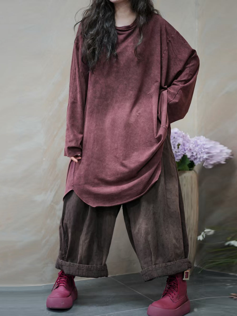 Women Autumn Retro Tie-dye O-Neck 100%Cotton Blouse