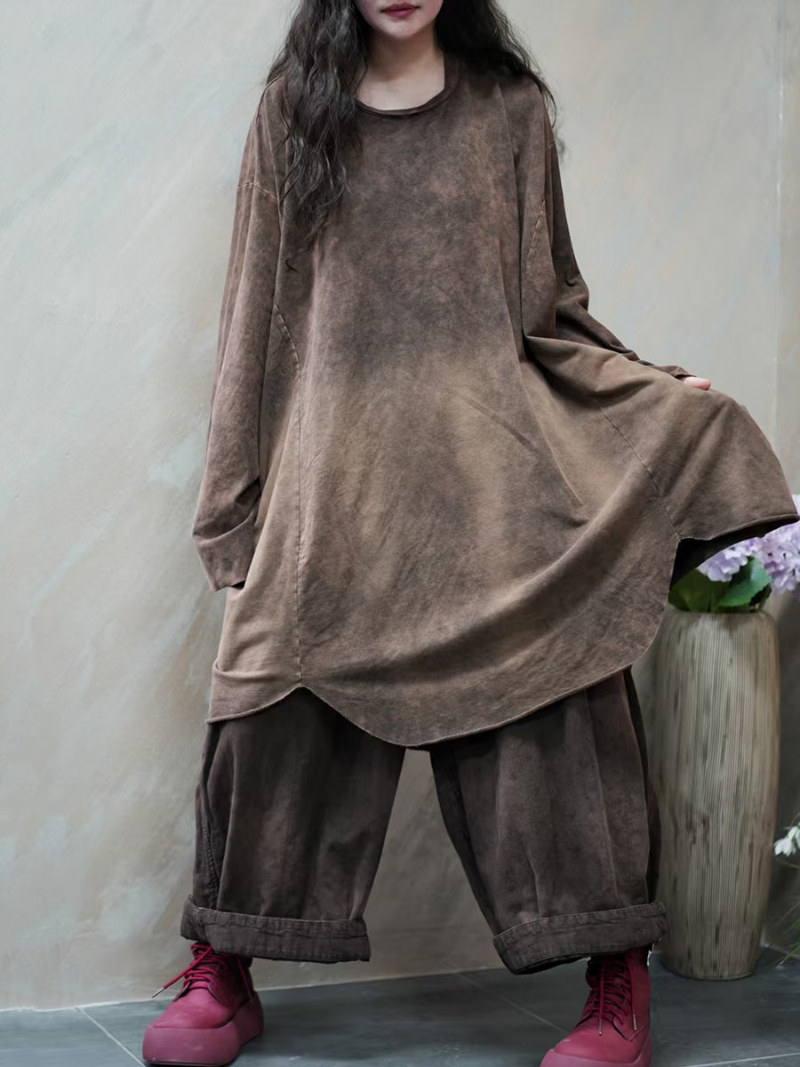 Women Autumn Retro Tie-dye O-Neck 100%Cotton Blouse