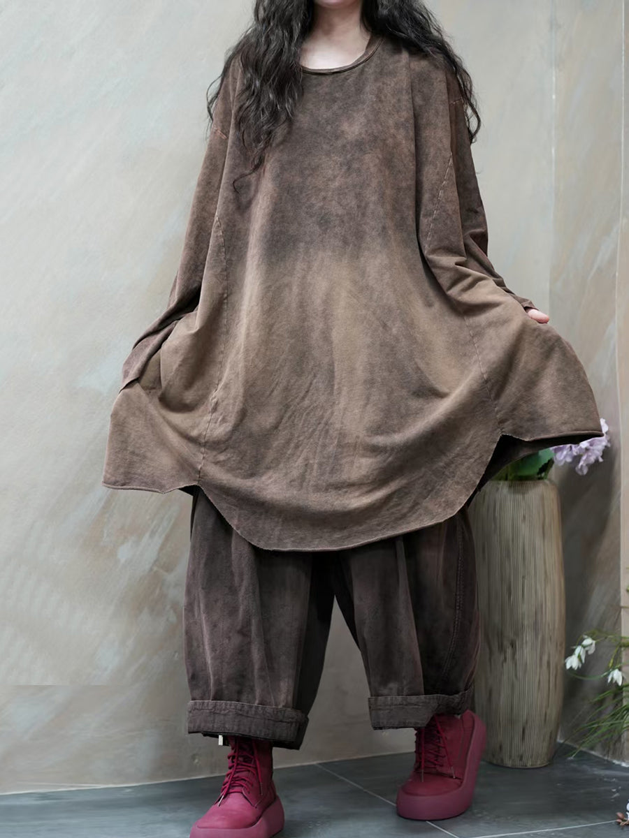 Women Autumn Retro Tie-dye O-Neck 100%Cotton Blouse