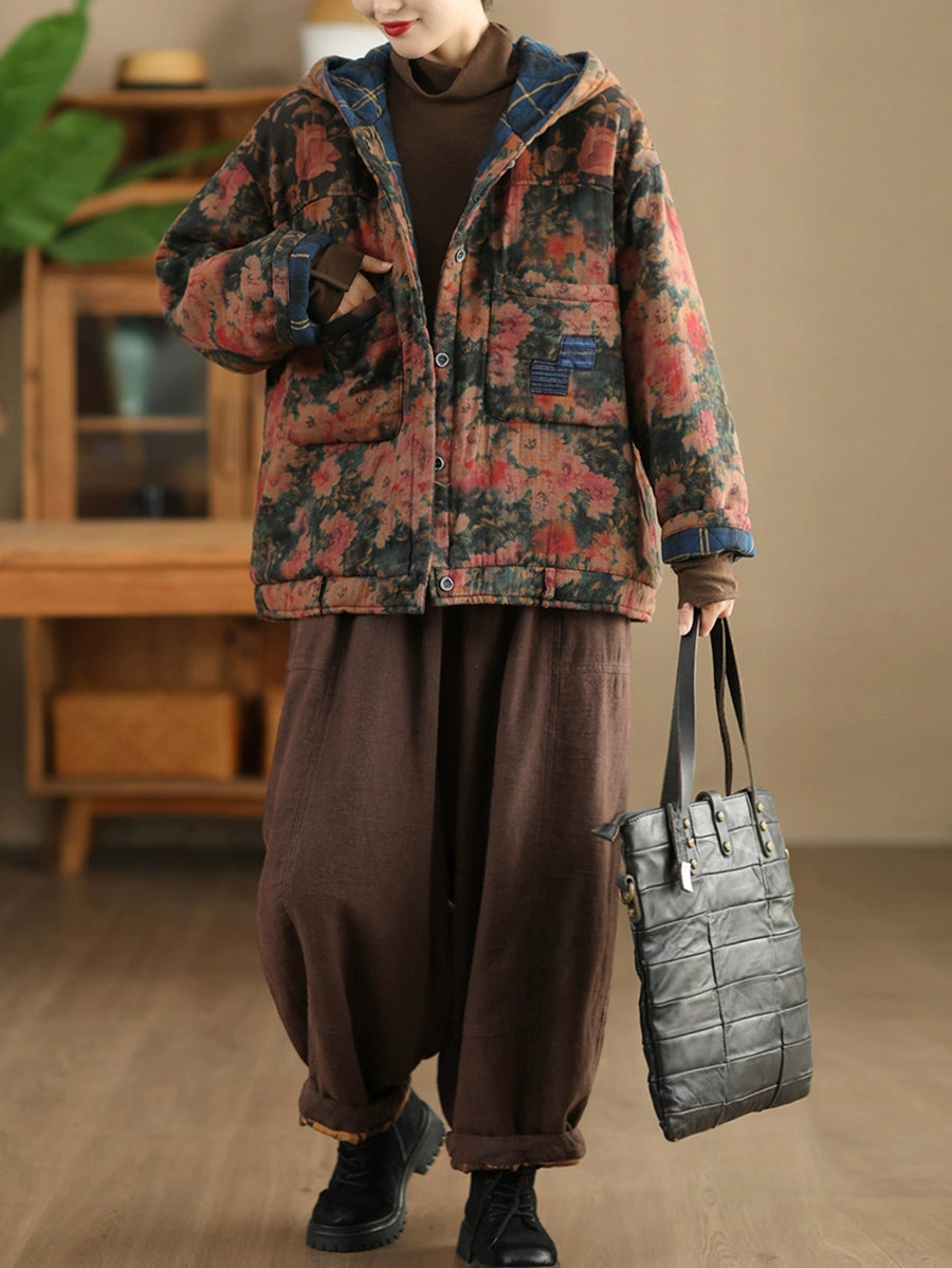 Women Autumn Vintage Flower Cotton Padded Hooded Coat