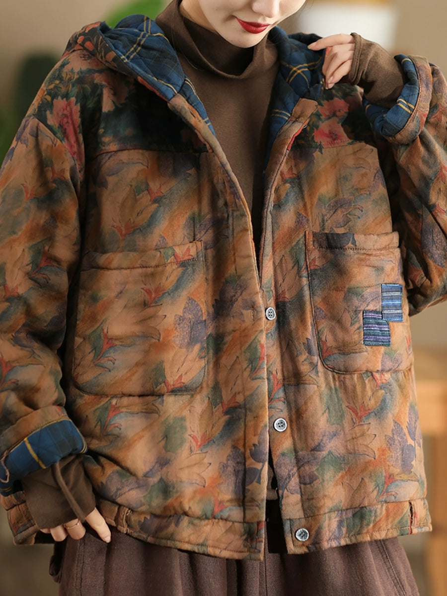 Women Autumn Vintage Flower Cotton Padded Hooded Coat