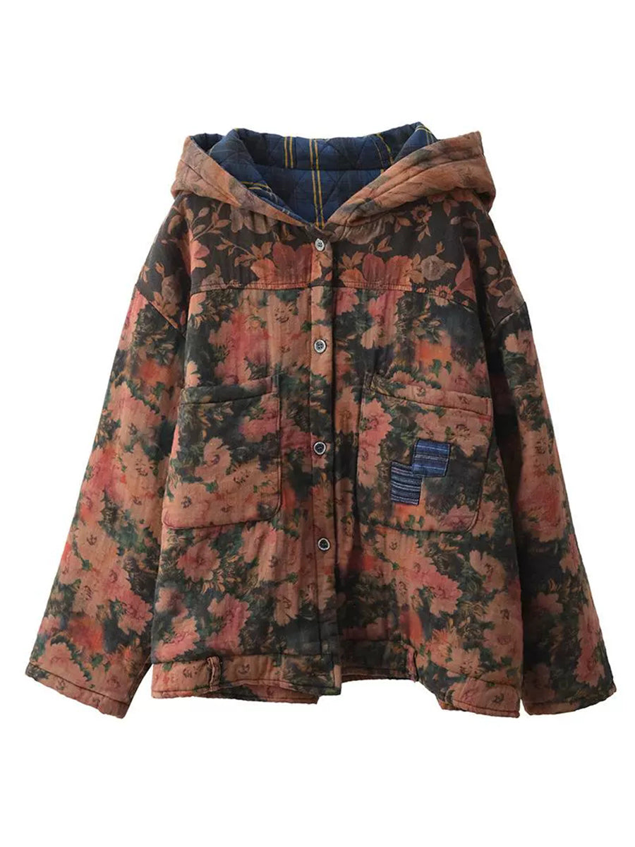 Women Autumn Vintage Flower Cotton Padded Hooded Coat