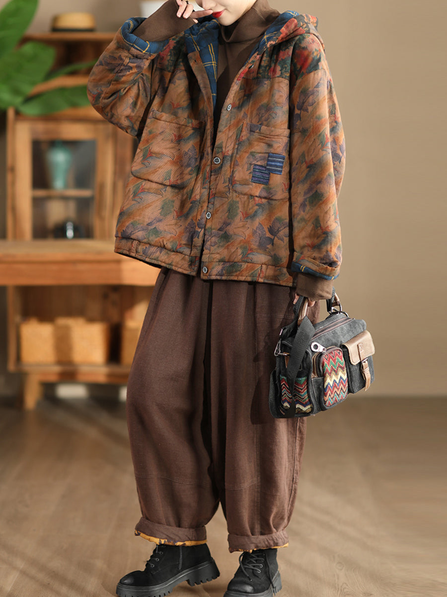 Women Autumn Vintage Flower Cotton Padded Hooded Coat