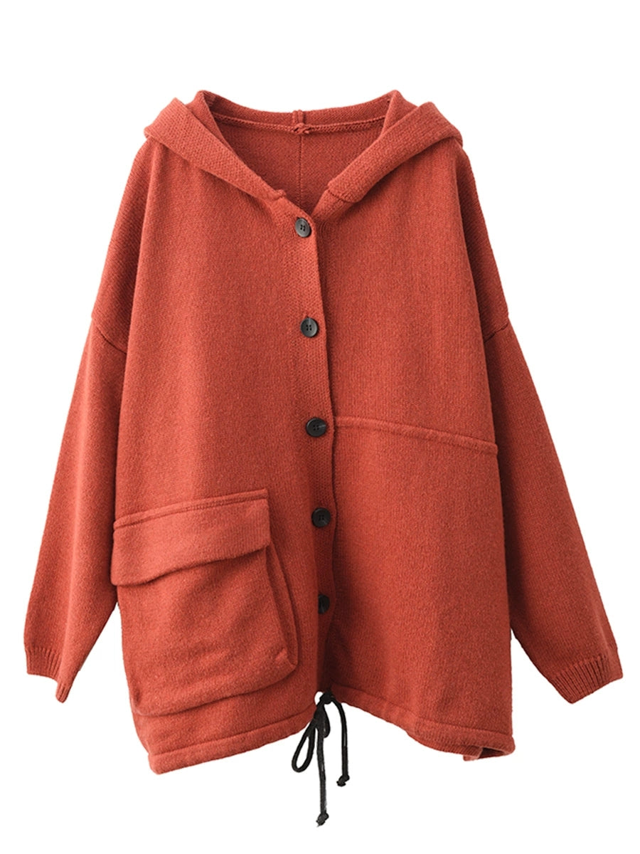 Women Autumn Pure Color Wool Hooded Knitted Coat