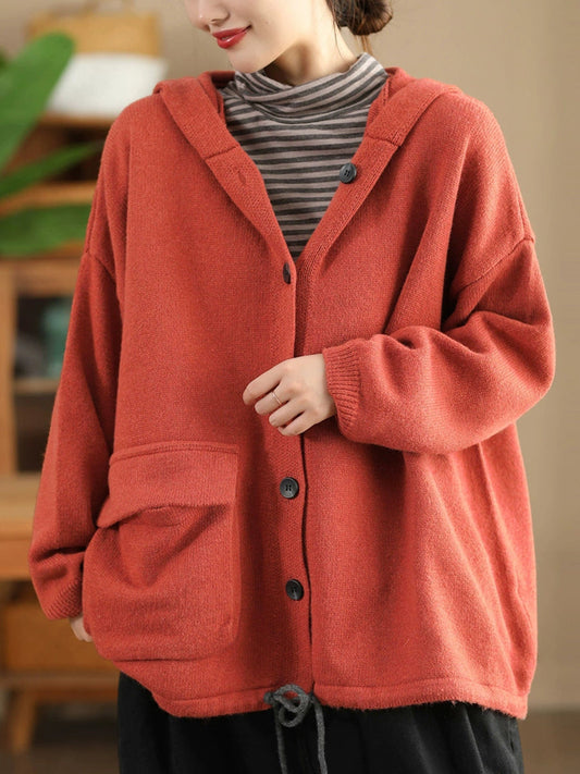 Women Autumn Pure Color Wool Hooded Knitted Coat