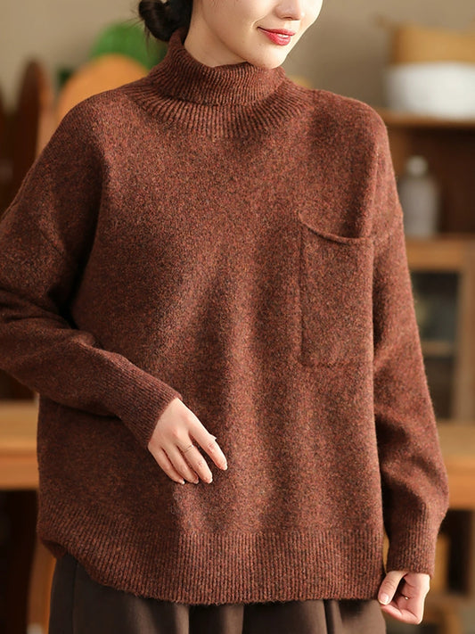 Women Autumn Casual Pure Color Turtleneck Knitted Sweater
