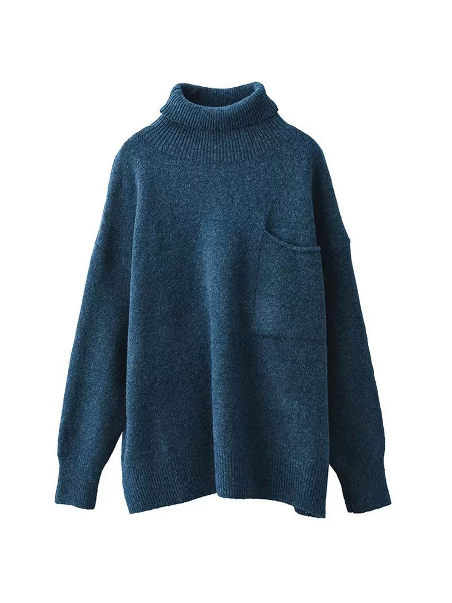 Women Autumn Casual Pure Color Turtleneck Knitted Sweater