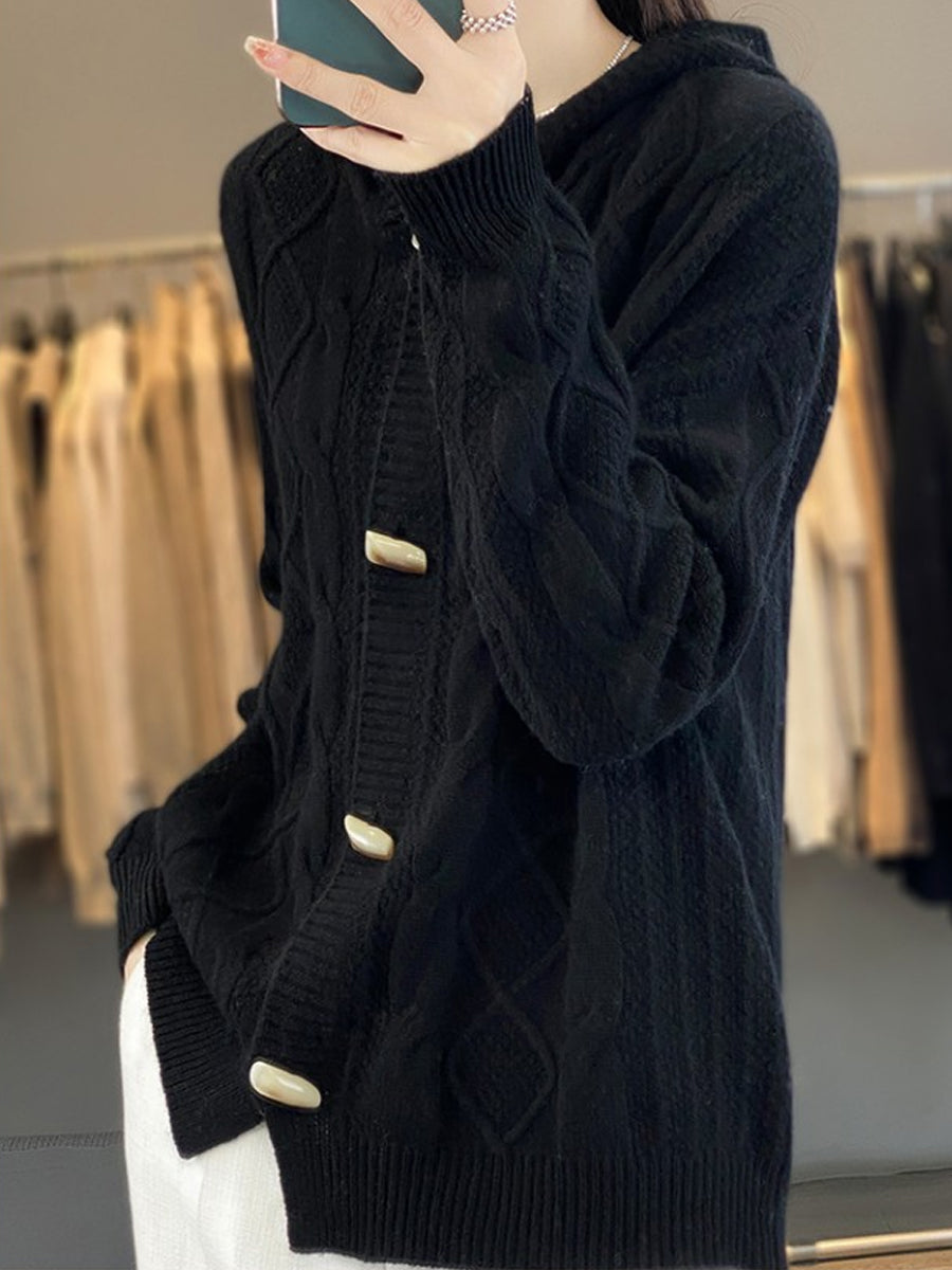 Women Autumn Casual Pure Color Wool Hooded Sweater