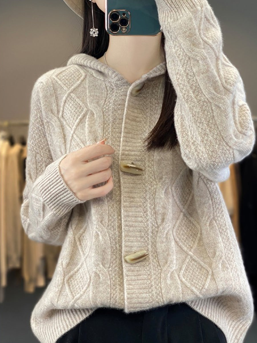 Women Autumn Casual Pure Color Wool Hooded Sweater