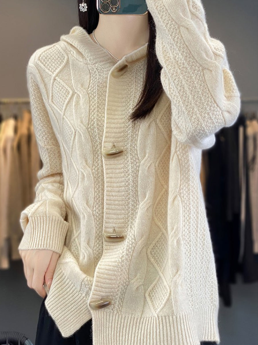 Women Autumn Casual Pure Color Wool Hooded Sweater