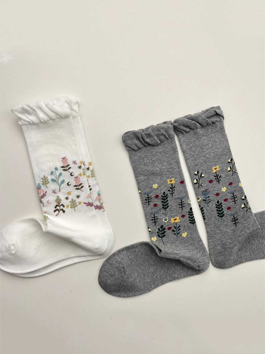 Women Artsy Flower Mid-Heel Cotton Socks