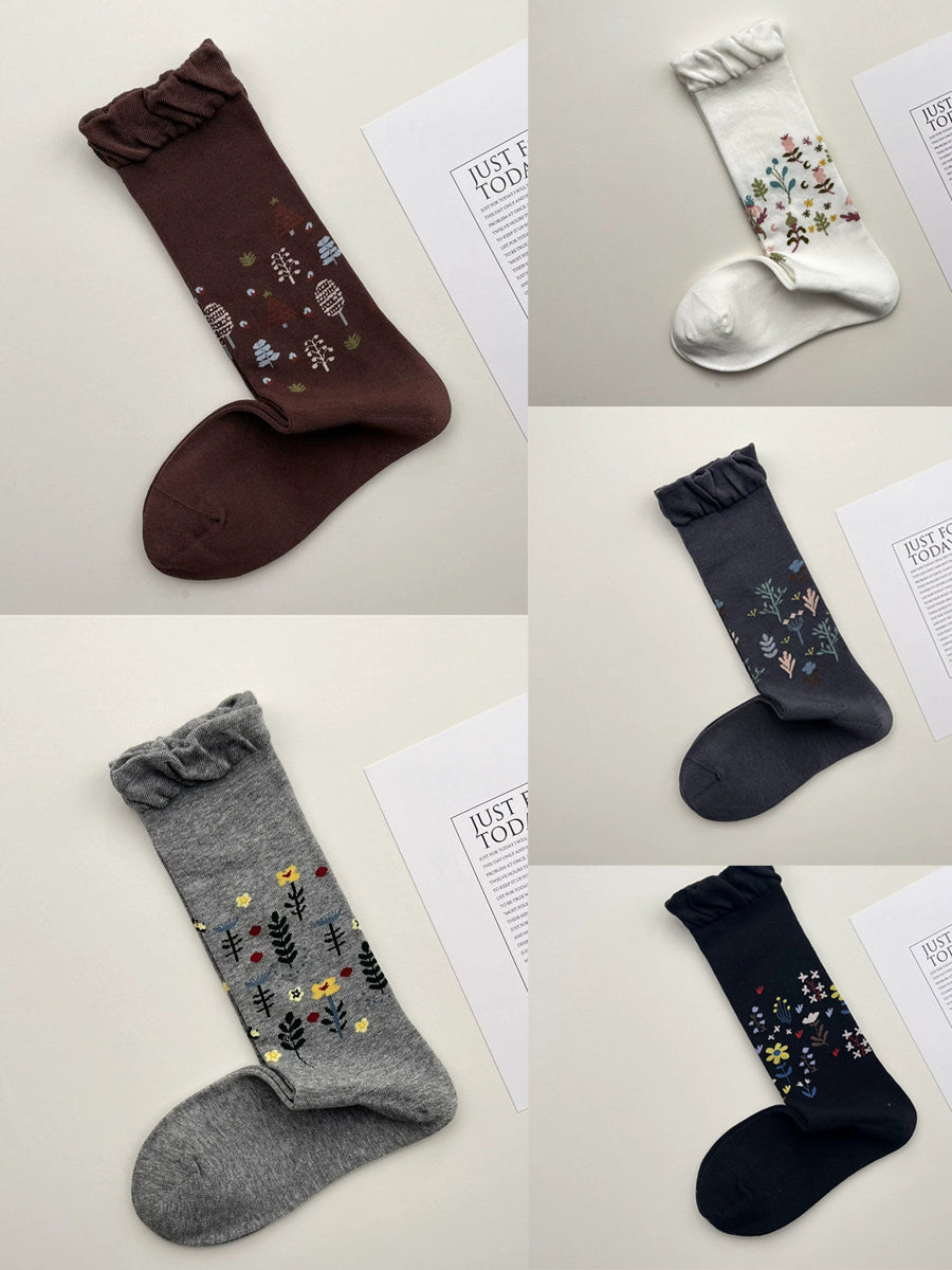 Women Artsy Flower Mid-Heel Cotton Socks