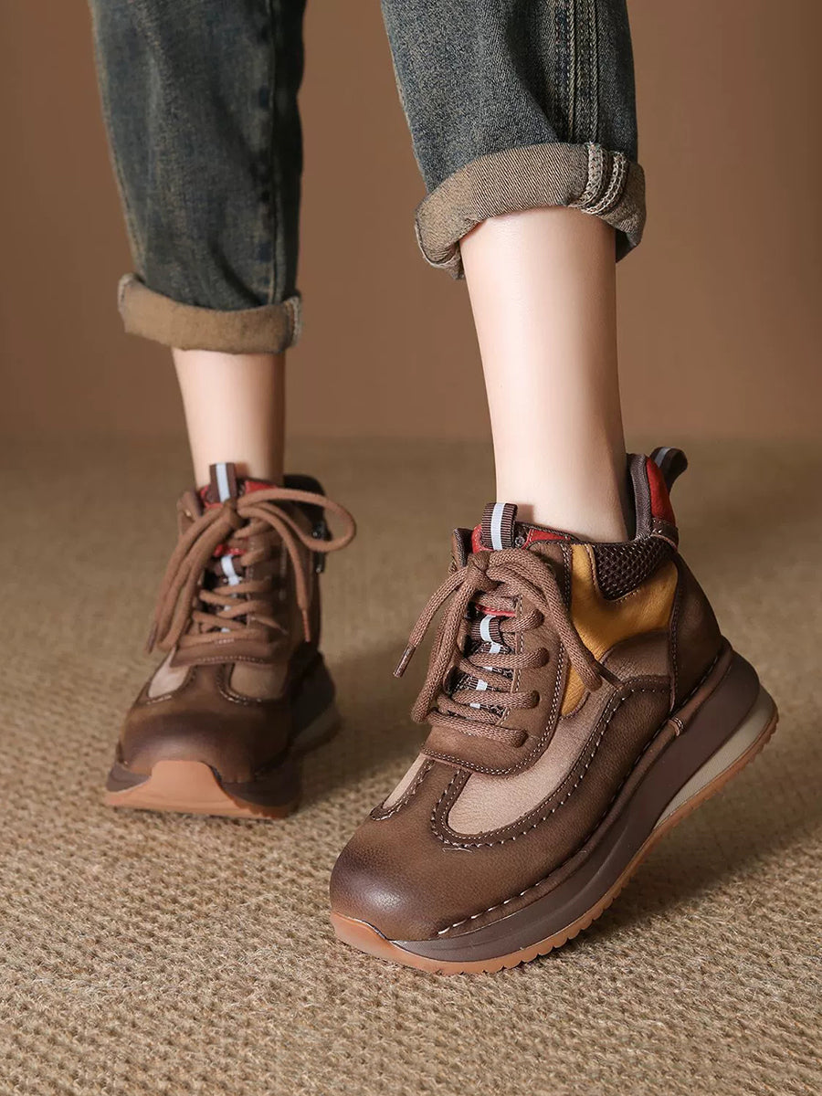 Women Vintage Genuine Leather Spliced High-top Shoes