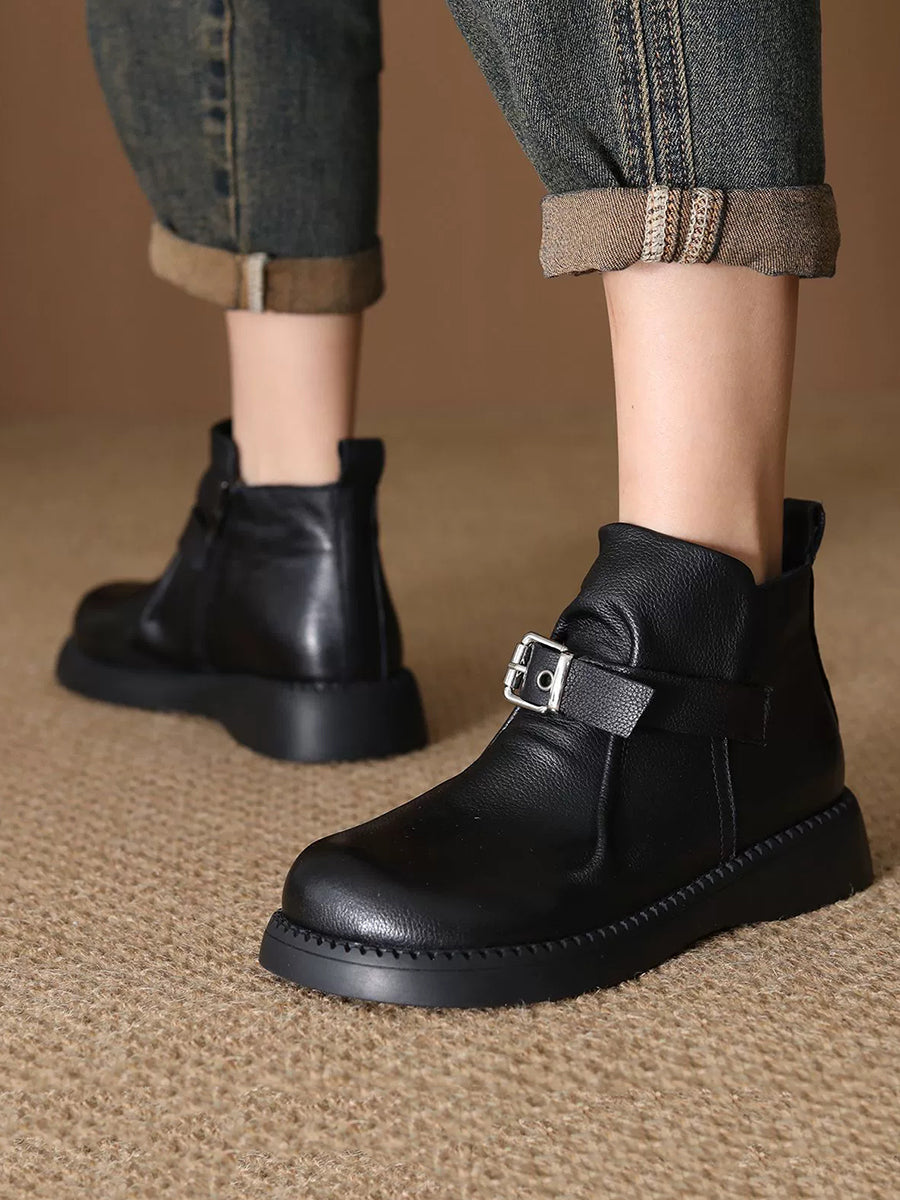 Women Vintage Genuine Leather Mid-Heel Ankle Boots