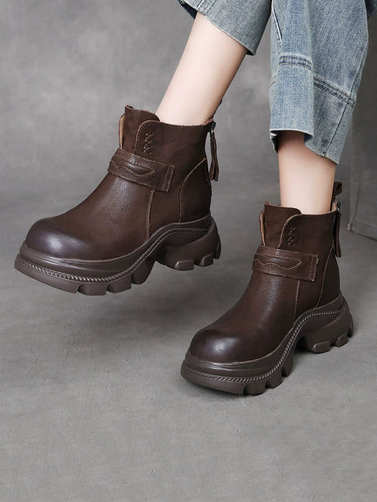 Women Vintage Pure Colo Leather Platform Ankle Boots
