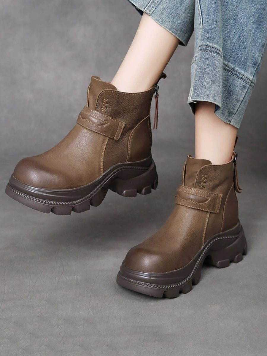 Women Vintage Pure Colo Leather Platform Ankle Boots