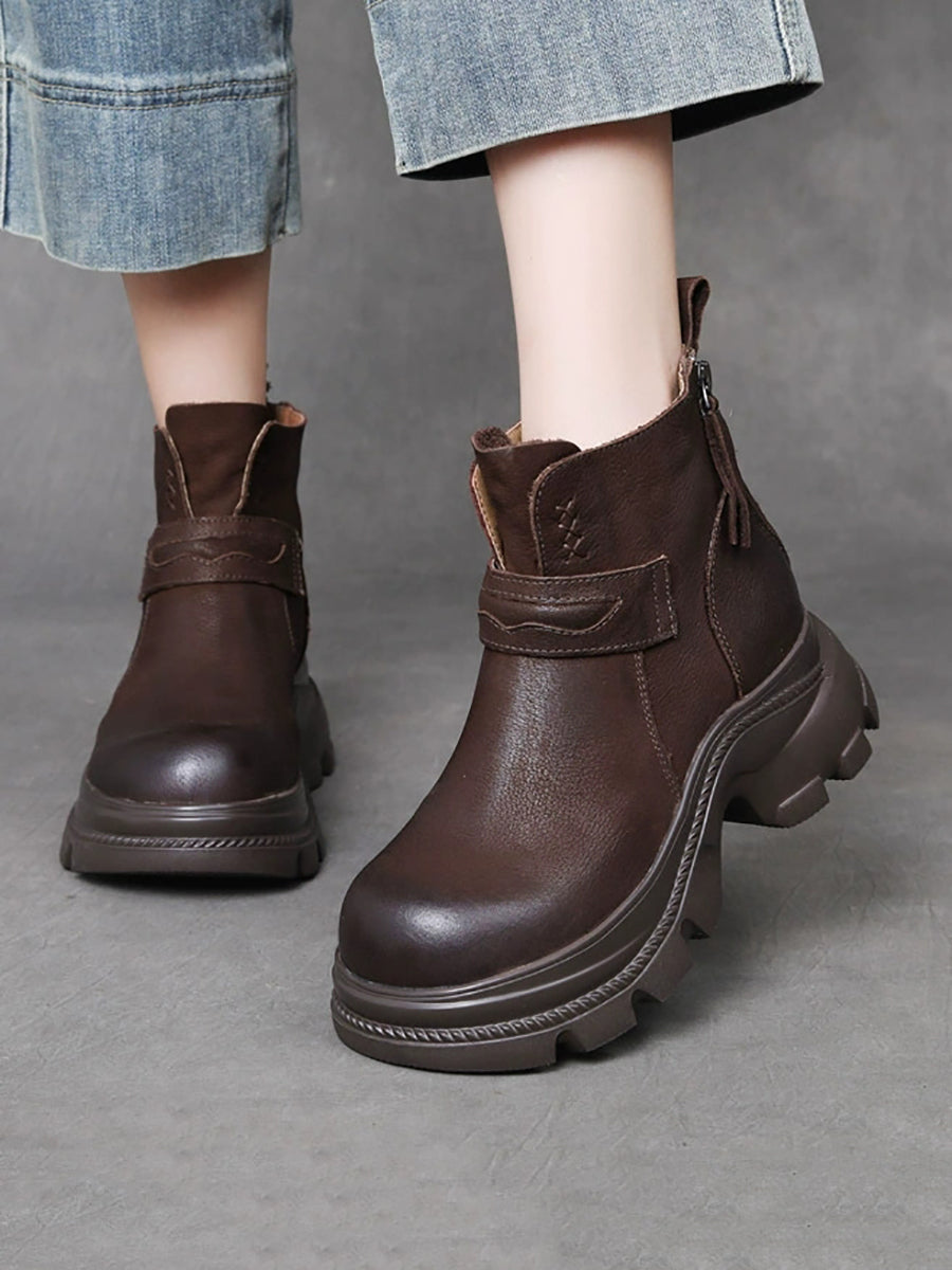 Women Vintage Pure Colo Leather Platform Ankle Boots