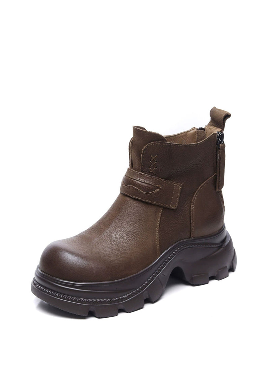 Women Vintage Pure Colo Leather Platform Ankle Boots