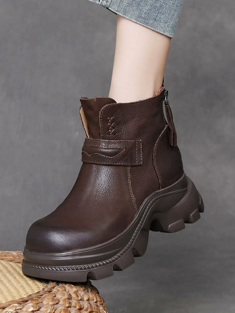 Women Vintage Pure Colo Leather Platform Ankle Boots