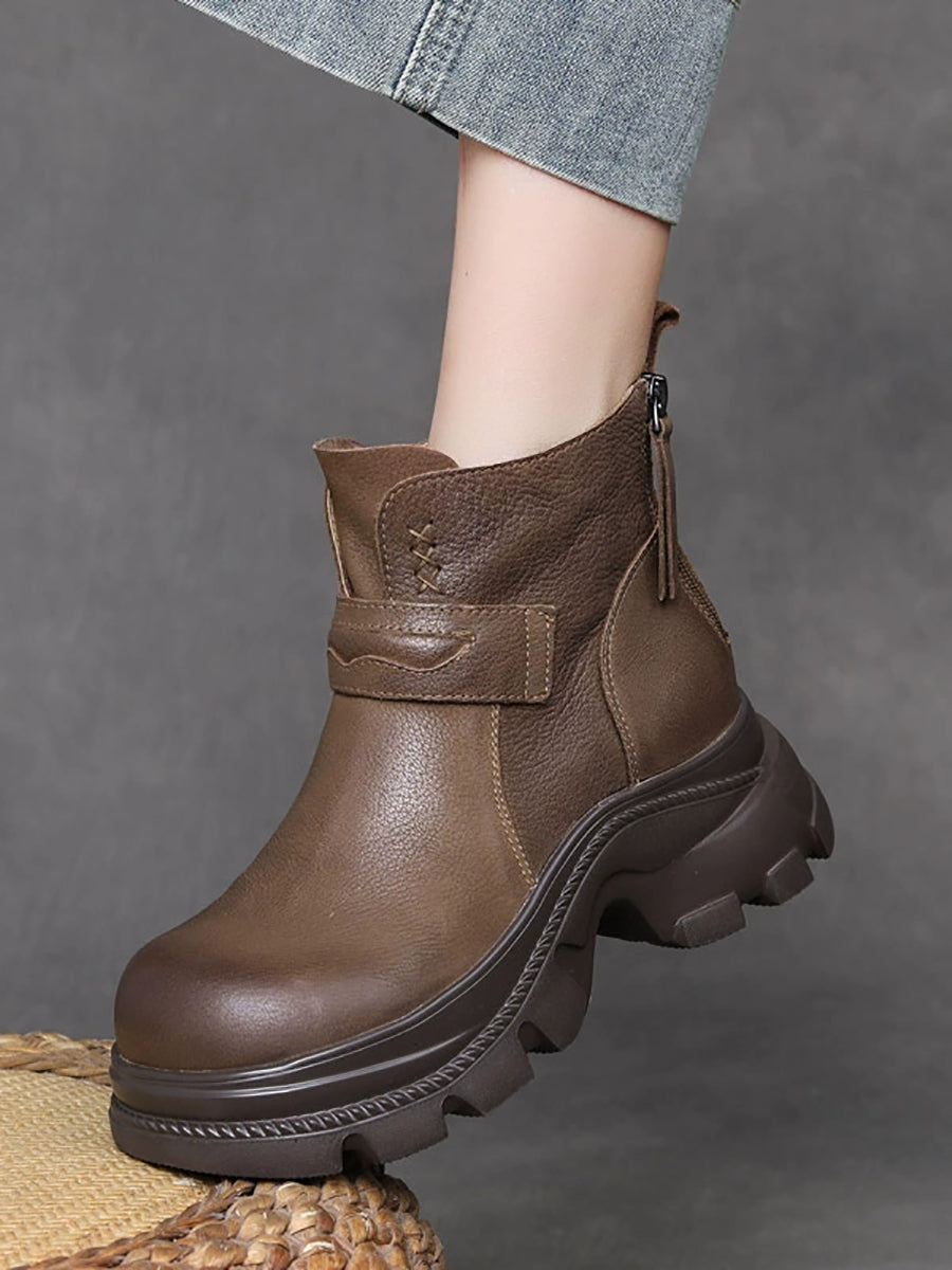 Women Vintage Pure Colo Leather Platform Ankle Boots