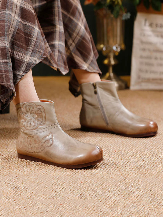 Women Vintage Genuine Leather Flat Ankle Boots