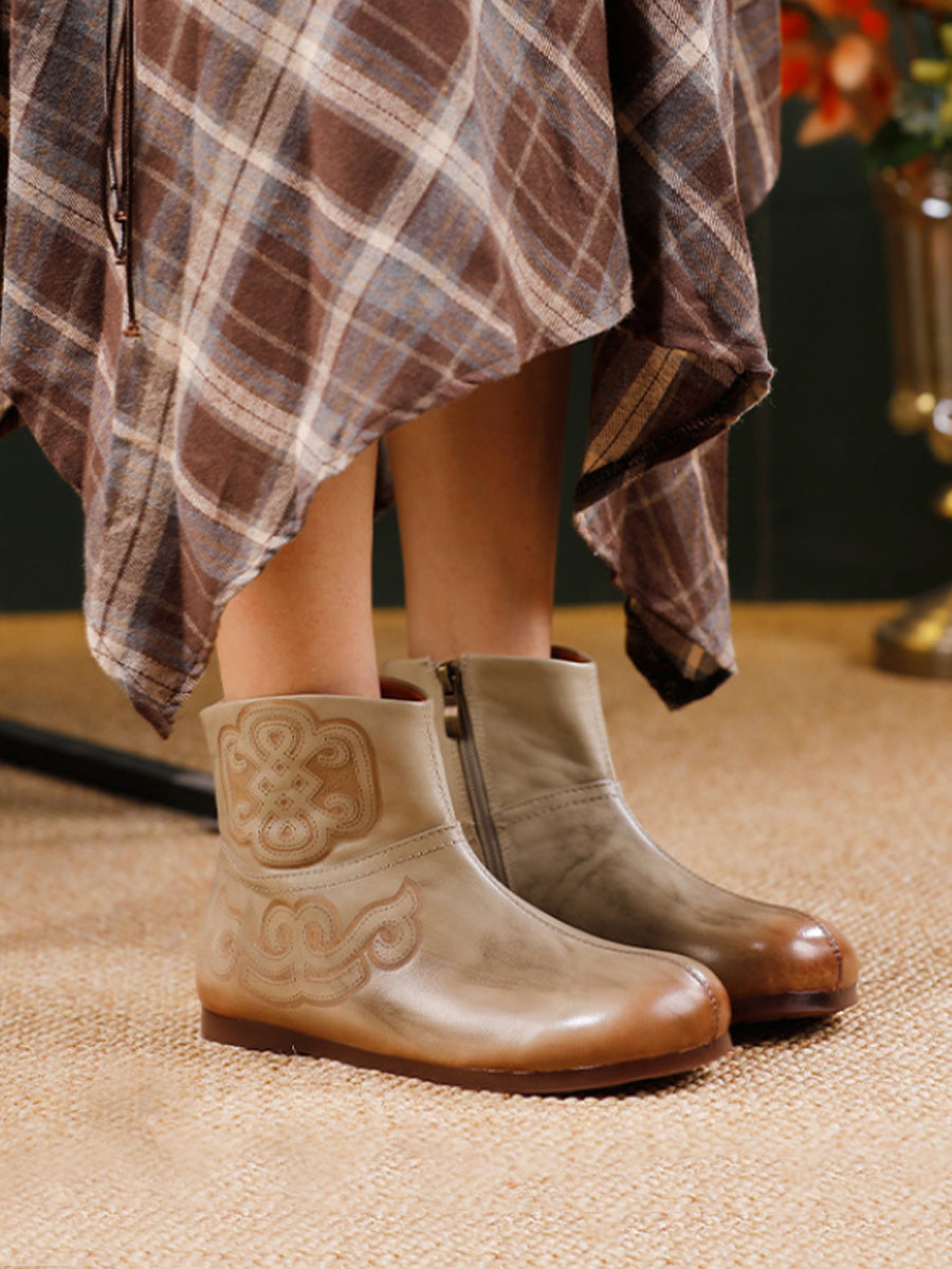 Women Vintage Genuine Leather Flat Ankle Boots