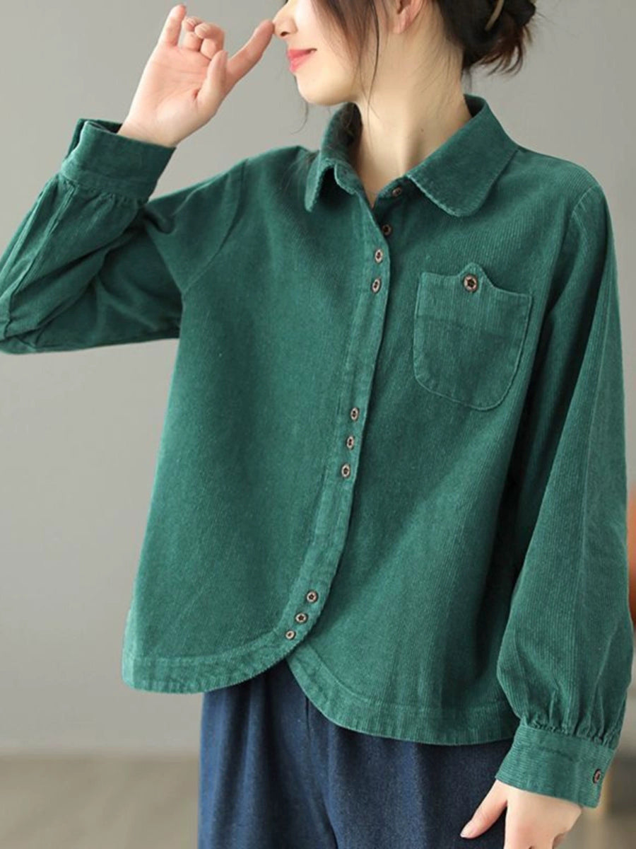 Plus Size Women Autumn Pure Color Turn-down Collar Corduroy Shirt