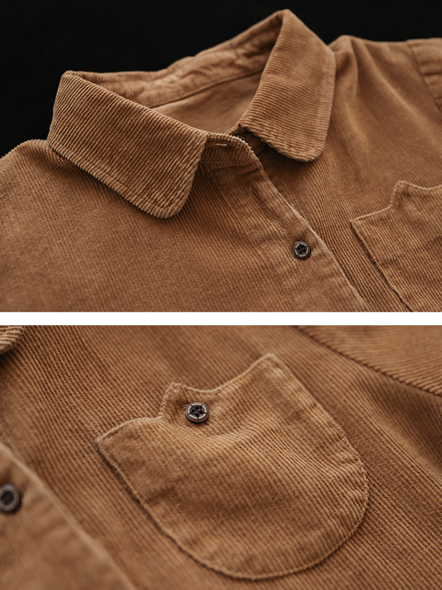 Plus Size Women Autumn Pure Color Turn-down Collar Corduroy Shirt