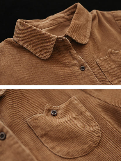 Plus Size Women Autumn Pure Color Turn-down Collar Corduroy Shirt