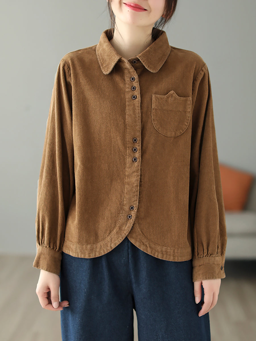 Plus Size Women Autumn Pure Color Turn-down Collar Corduroy Shirt