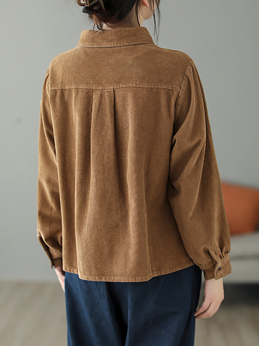 Plus Size Women Autumn Pure Color Turn-down Collar Corduroy Shirt