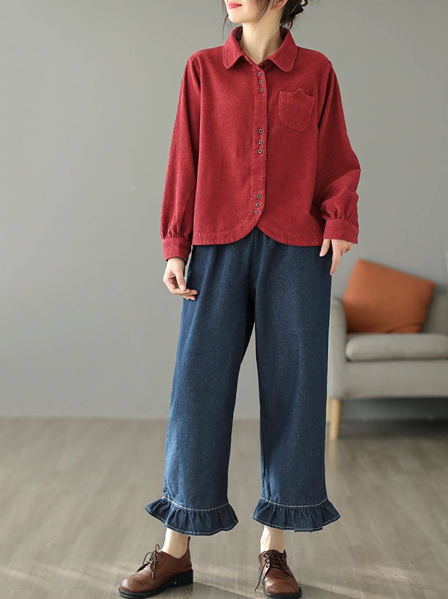 Plus Size Women Autumn Pure Color Turn-down Collar Corduroy Shirt