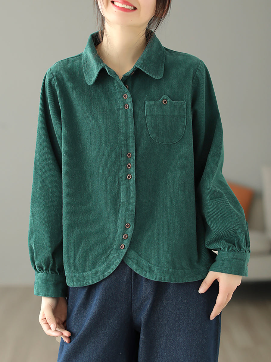 Plus Size Women Autumn Pure Color Turn-down Collar Corduroy Shirt