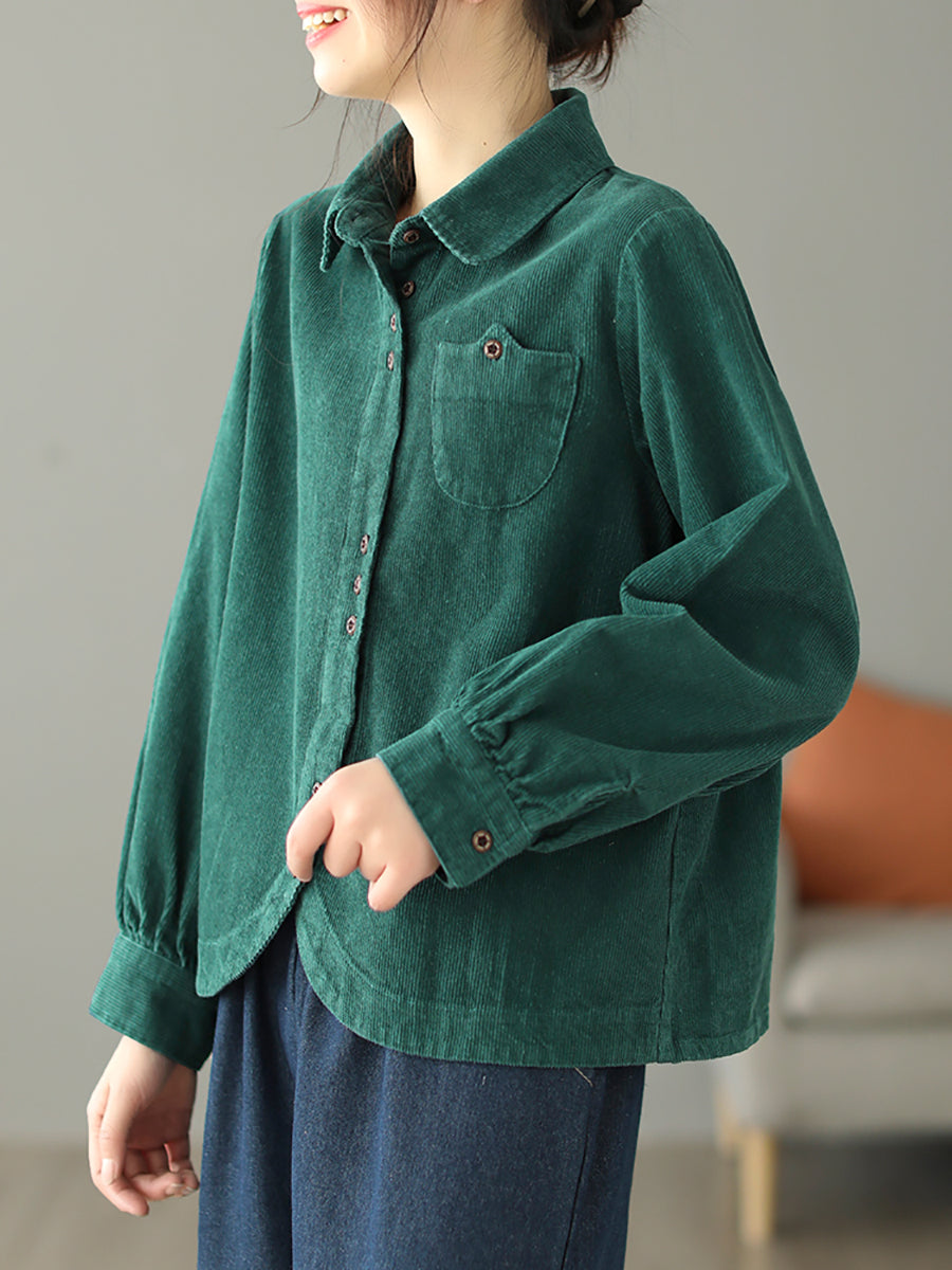 Plus Size Women Autumn Pure Color Turn-down Collar Corduroy Shirt