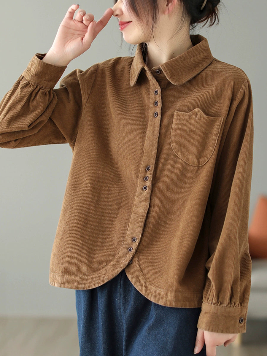 Plus Size Women Autumn Pure Color Turn-down Collar Corduroy Shirt