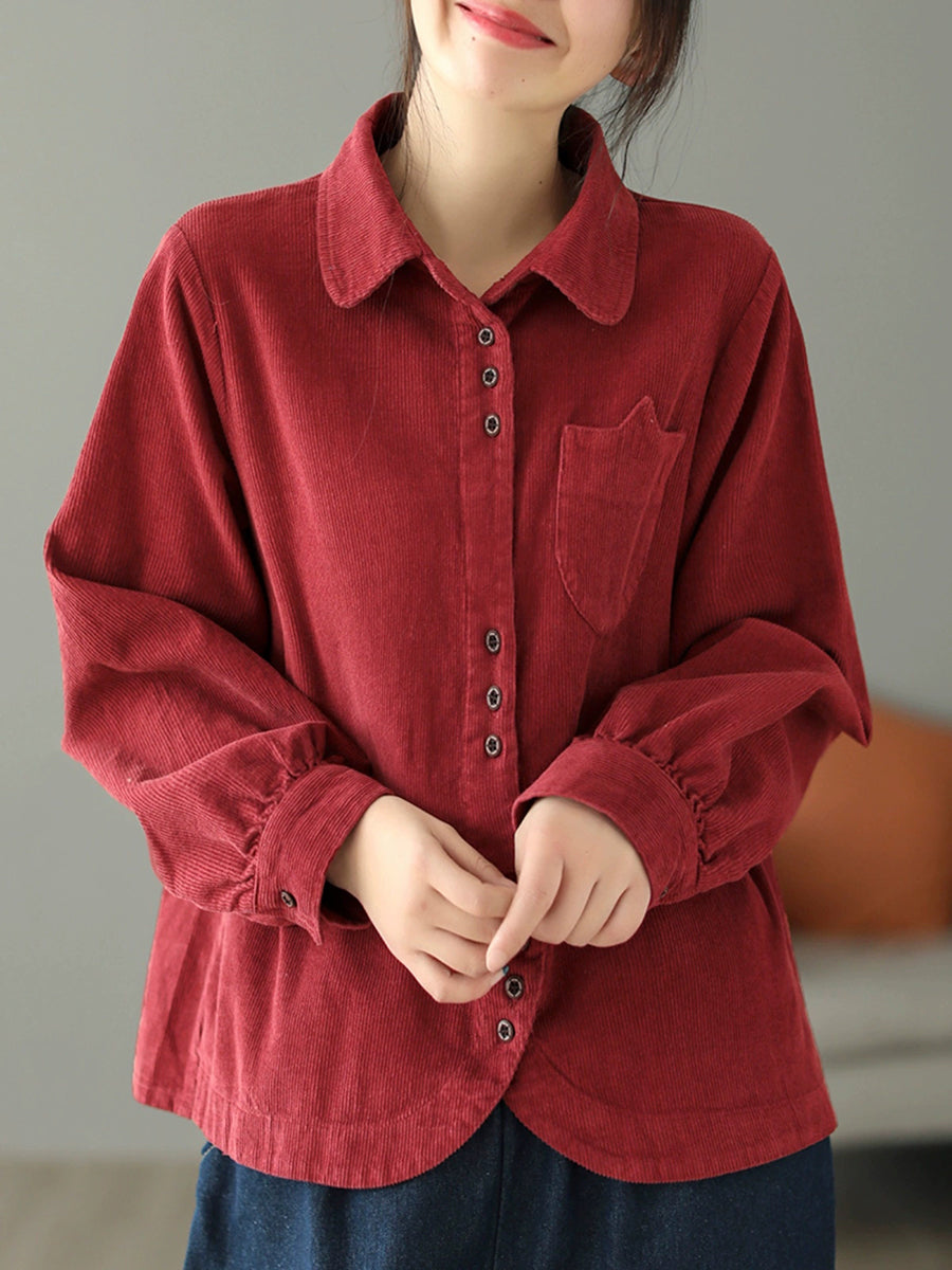 Plus Size Women Autumn Pure Color Turn-down Collar Corduroy Shirt