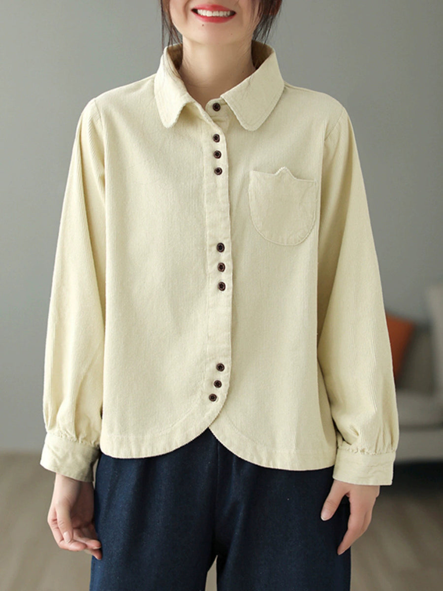 Plus Size Women Autumn Pure Color Turn-down Collar Corduroy Shirt