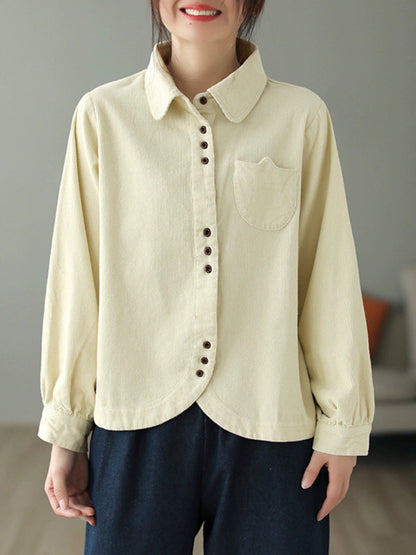 Plus Size Women Autumn Pure Color Turn-down Collar Corduroy Shirt