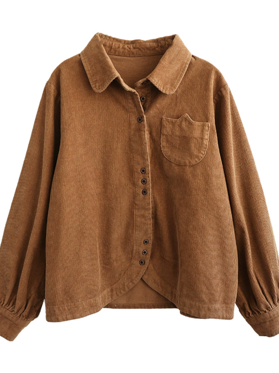 Plus Size Women Autumn Pure Color Turn-down Collar Corduroy Shirt