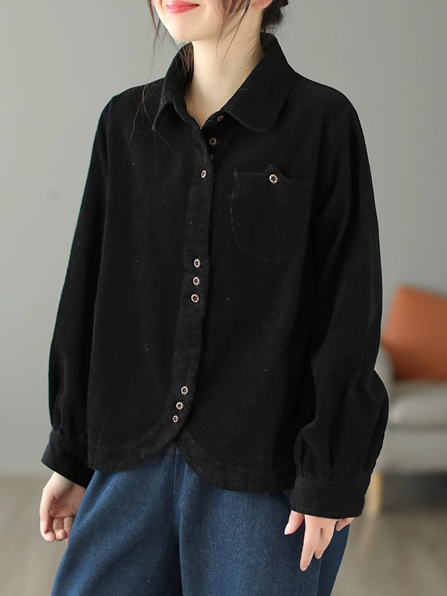Plus Size Women Autumn Pure Color Turn-down Collar Corduroy Shirt