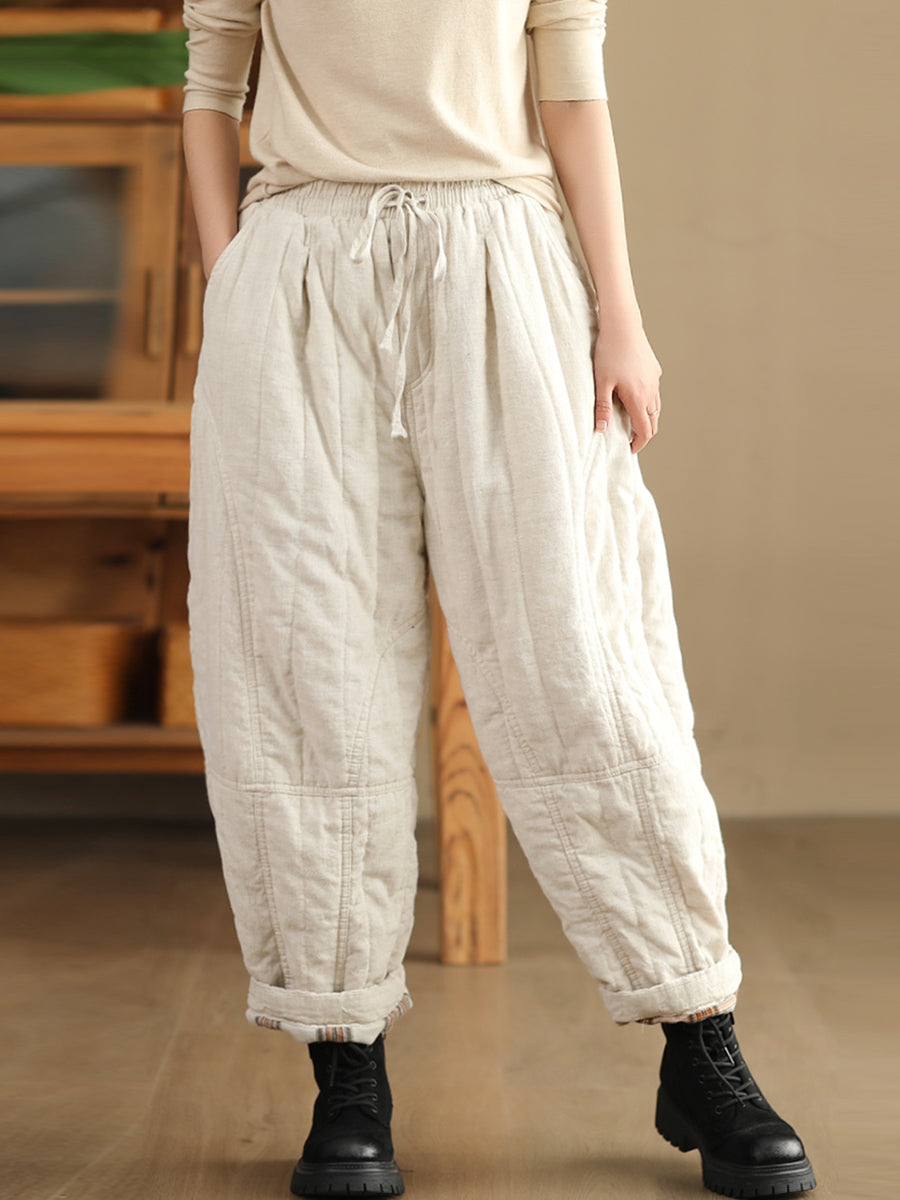 Women Autumn Pure Color 100%Linen Padded Harem Pants