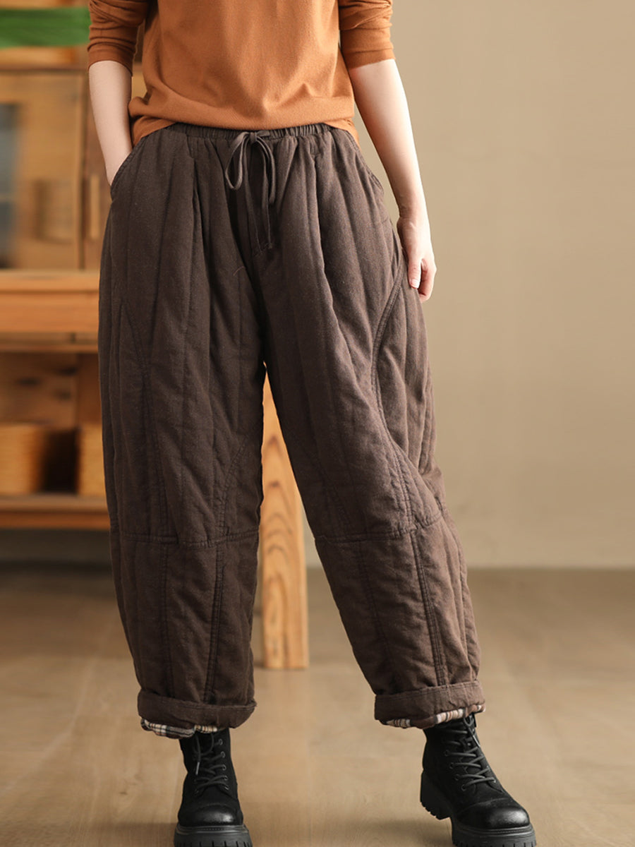 Women Autumn Pure Color 100%Linen Padded Harem Pants