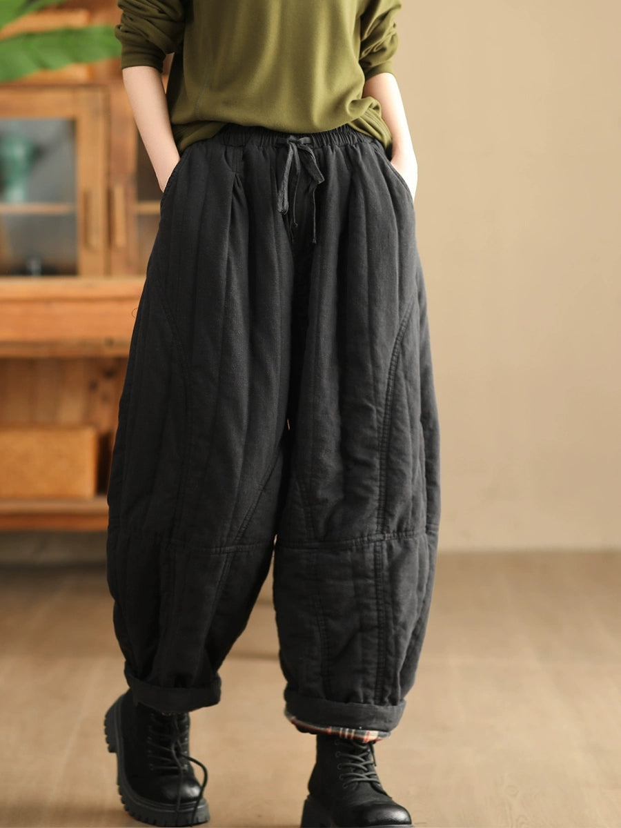 Women Autumn Pure Color 100%Linen Padded Harem Pants