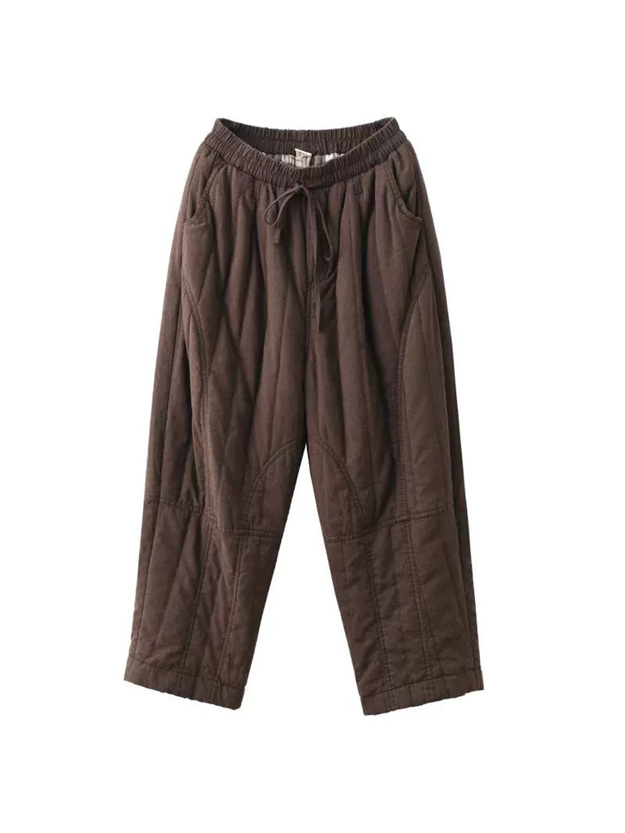 Women Autumn Pure Color 100%Linen Padded Harem Pants