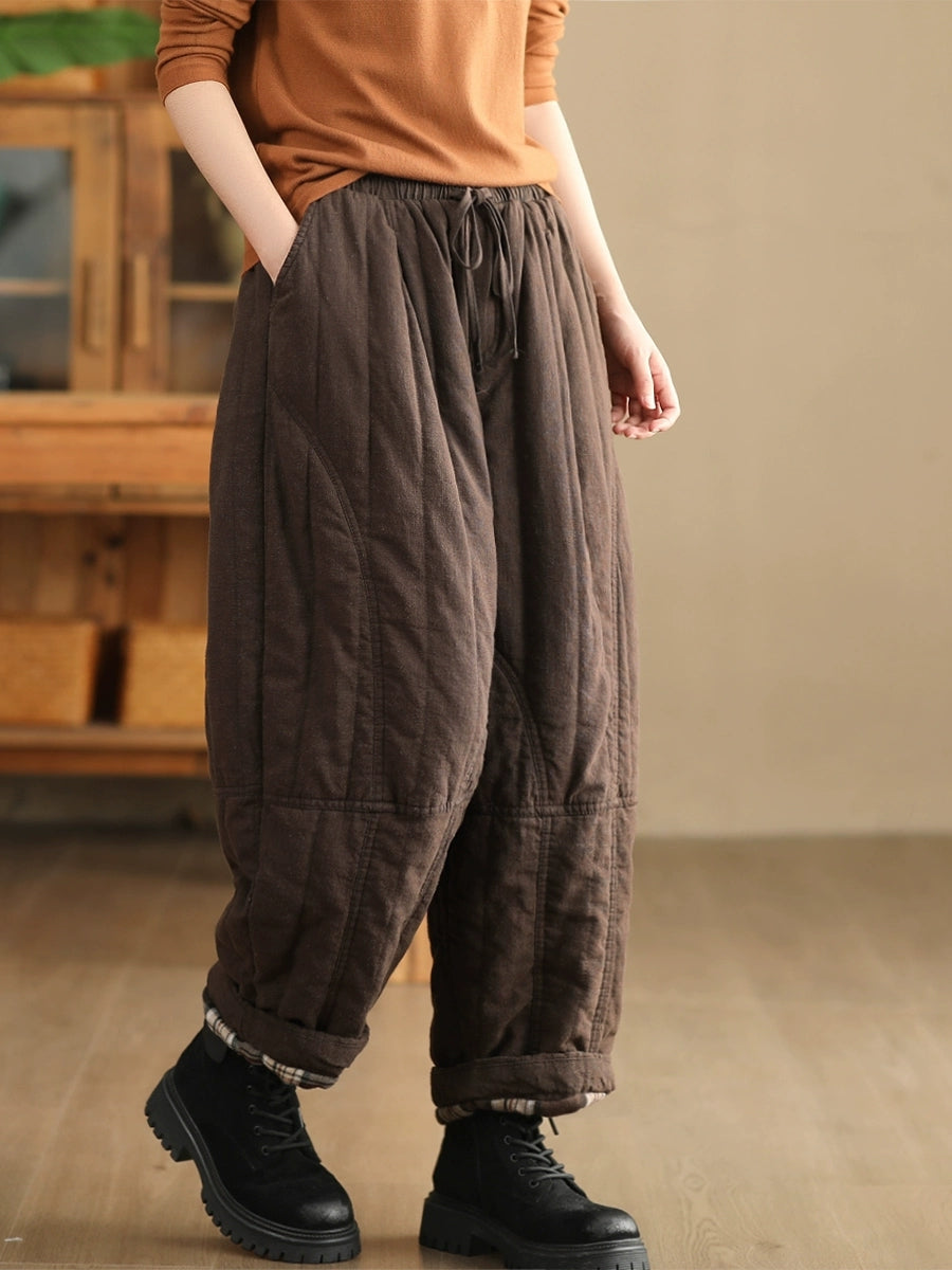 Women Autumn Pure Color 100%Linen Padded Harem Pants