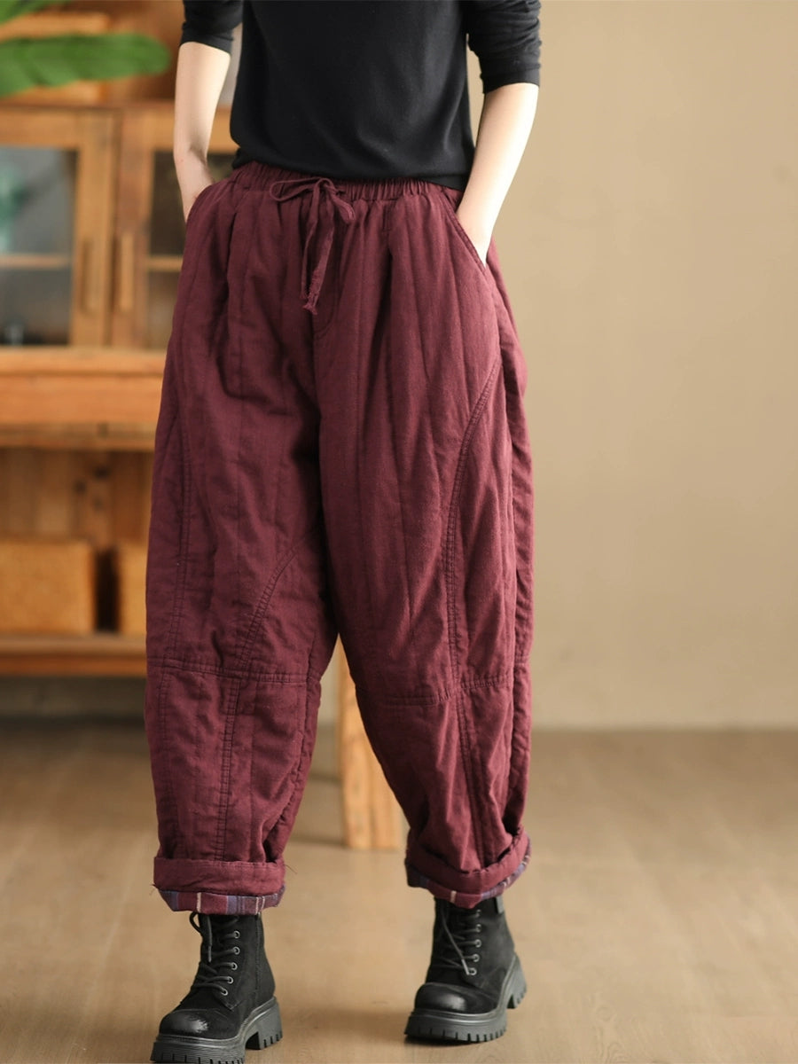 Women Autumn Pure Color 100%Linen Padded Harem Pants