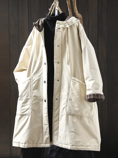 Women Autumn Casual Pure Color Hooded Padded Coat