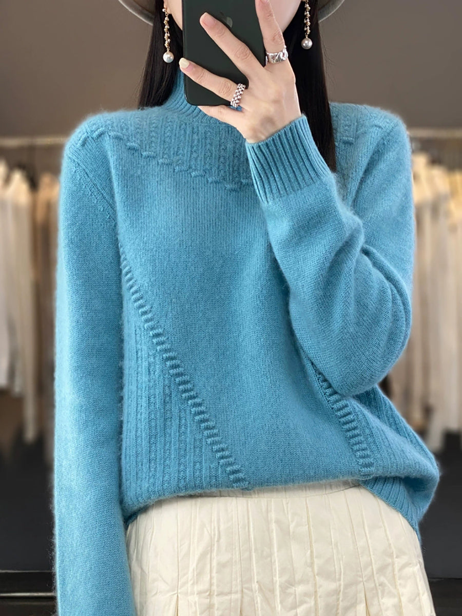 Women Autumn Pure Color Wool Half-Turtleneck Sweater