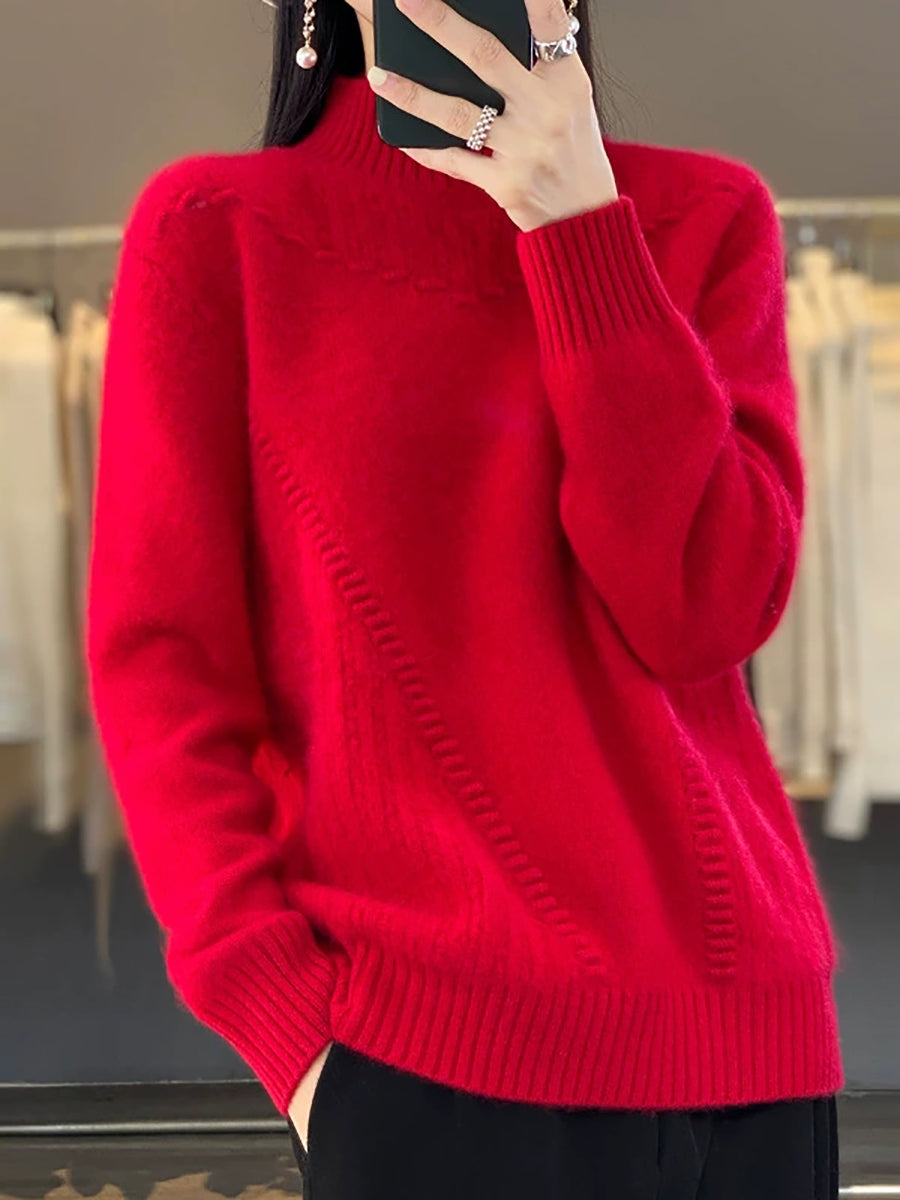 Women Autumn Pure Color Wool Half-Turtleneck Sweater