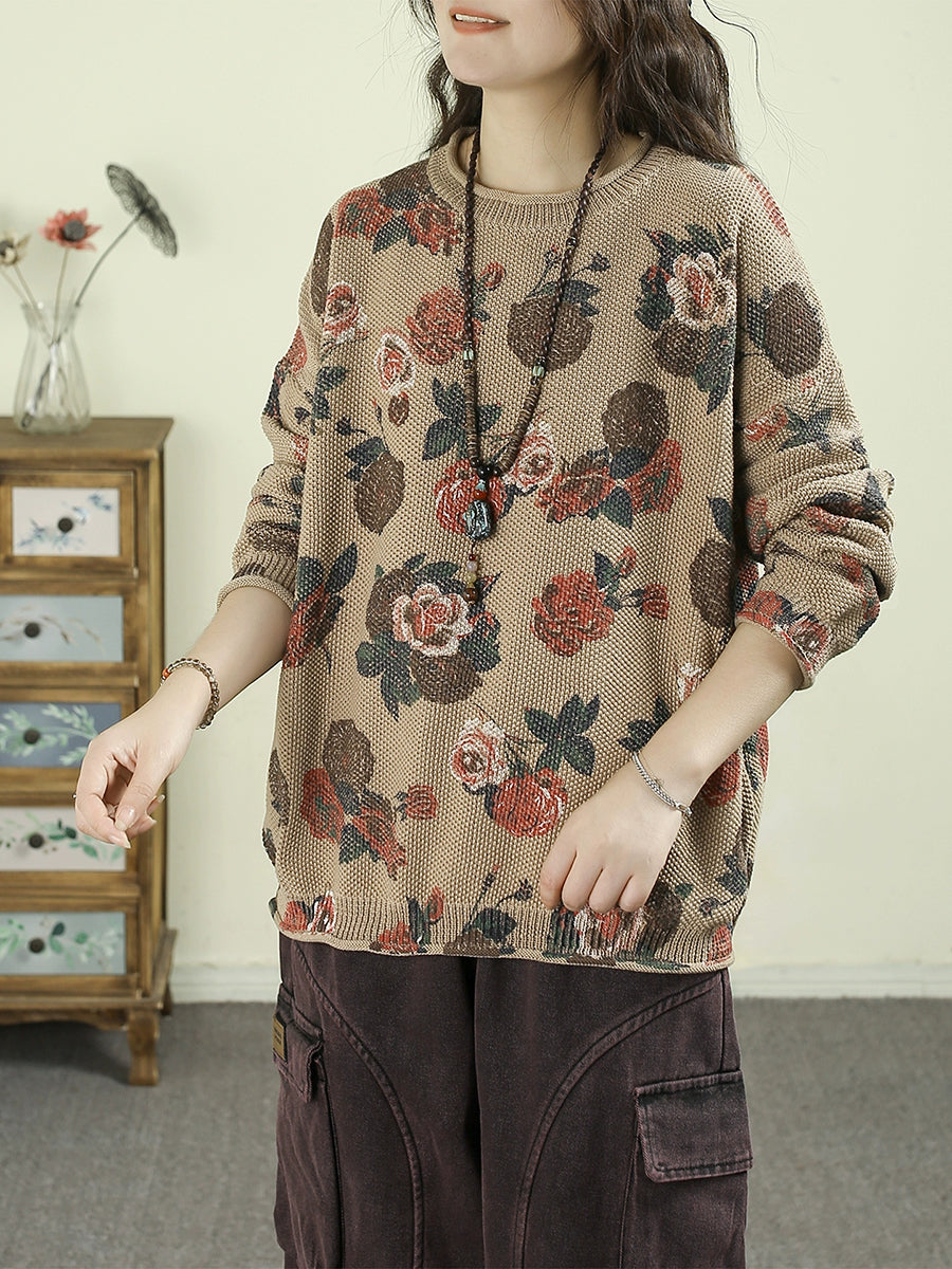 Women Autumn Vintage Flower O-Neck Sweater